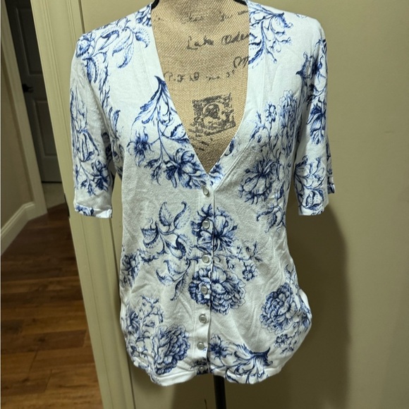 Talbots Cream short Sleeve Button Down sweater - Picture 5 of 12